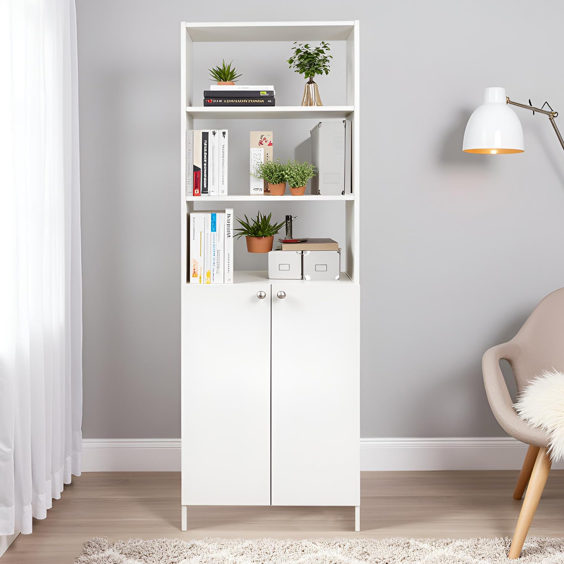 Aplent Engineered Wood Bookshelf with Doors (White) - front_view
