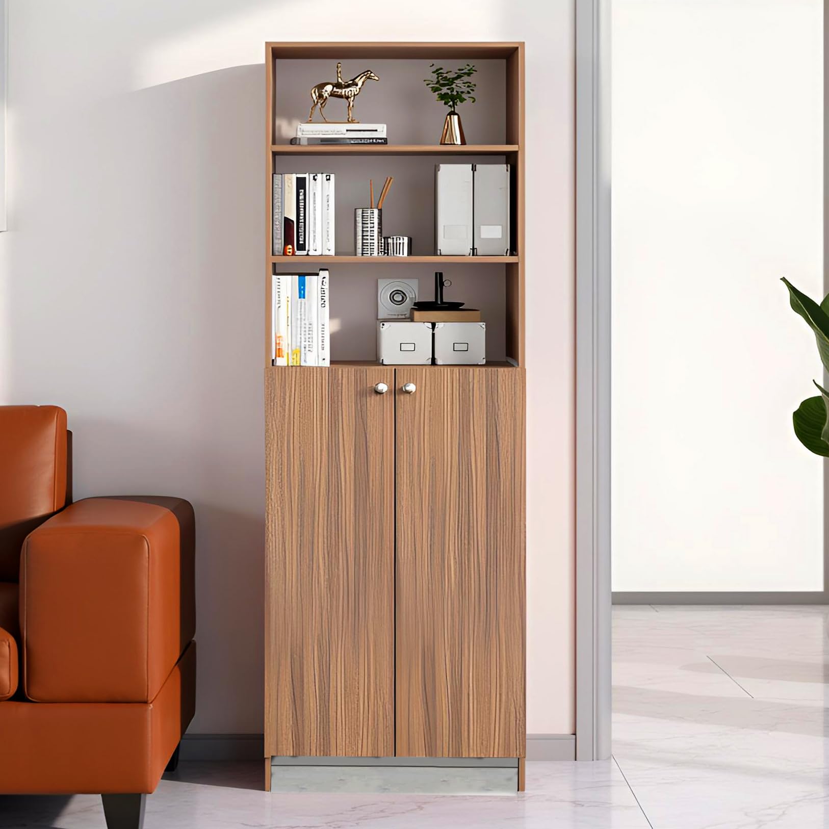 Aplent Engineered Wood Bookshelf with Doors (Exotic Teak) - front_view