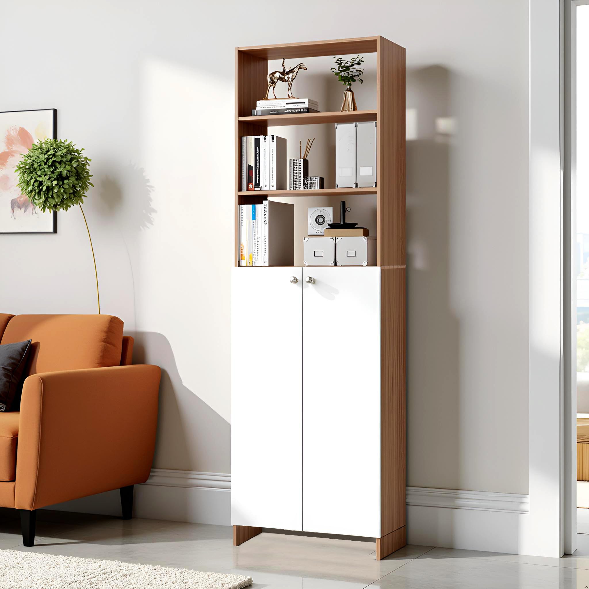 Aplent Engineered Wood Bookshelf with Doors (Exotic Teak & White) - front_view