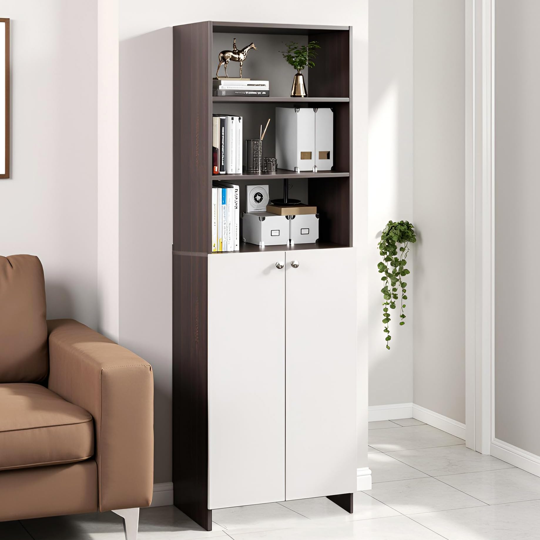 Aplent Engineered Wood Bookshelf with Doors (Wenge & White) - front_view