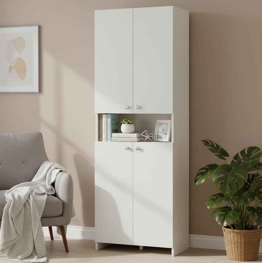 Vault Tall Wooden Bookshelf with 2-Door Cabinet & 3 Open Shelves (White) - front_view