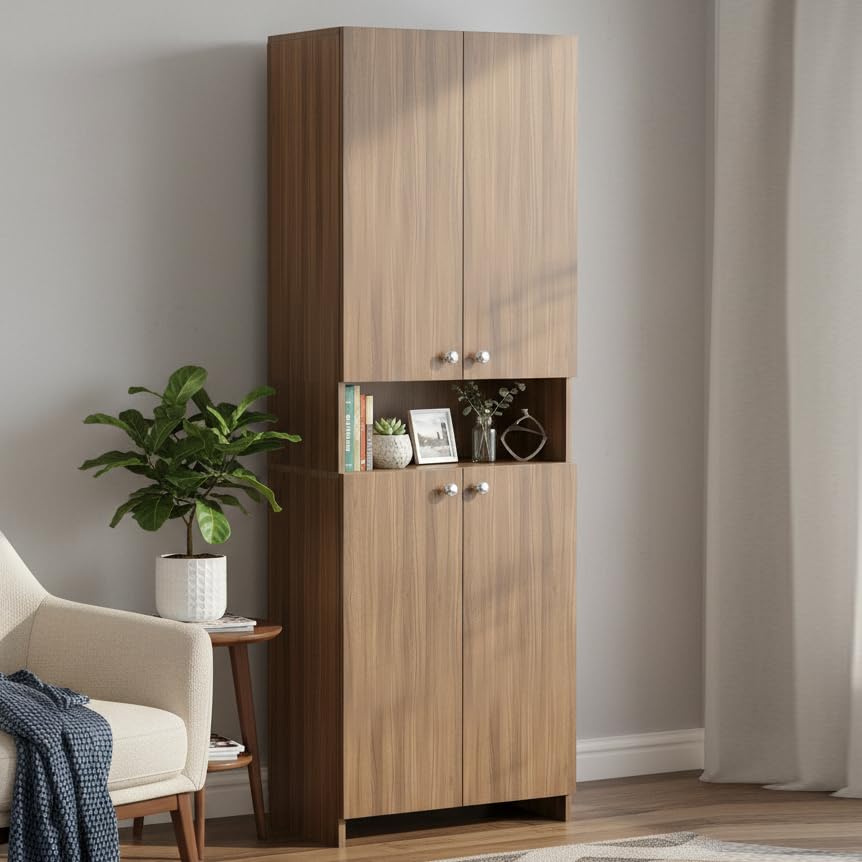 Vault Tall Wooden Bookshelf with 2-Door Cabinet & 3 Open Shelves (Exotic Teak) - front_view