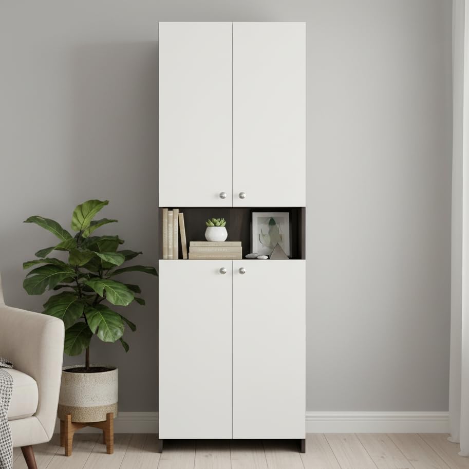 Vault Tall Wooden Bookshelf with 2-Door Cabinet & 3 Open Shelves (Wenge & White) - front_view