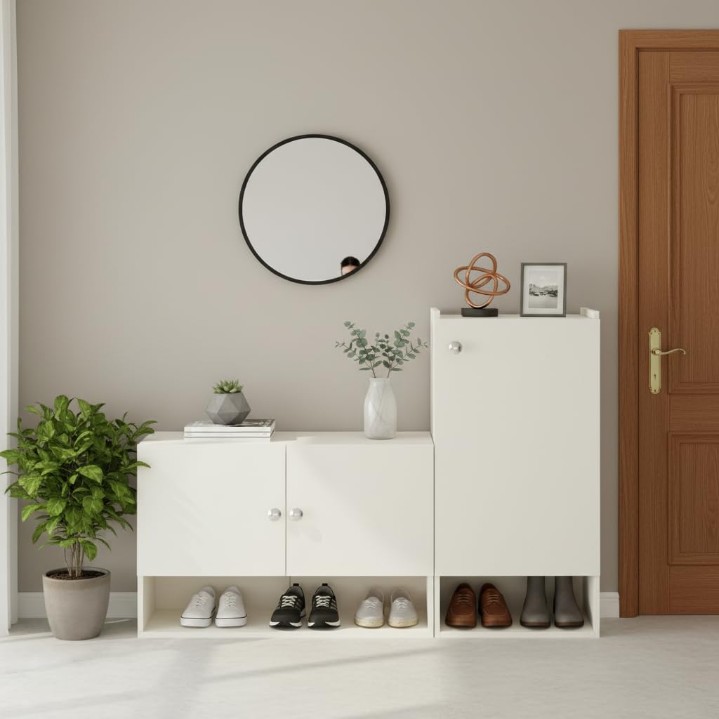 Sinala Engineered Wood Shoe Rack with Doors & Open Shelves (White) - front_view