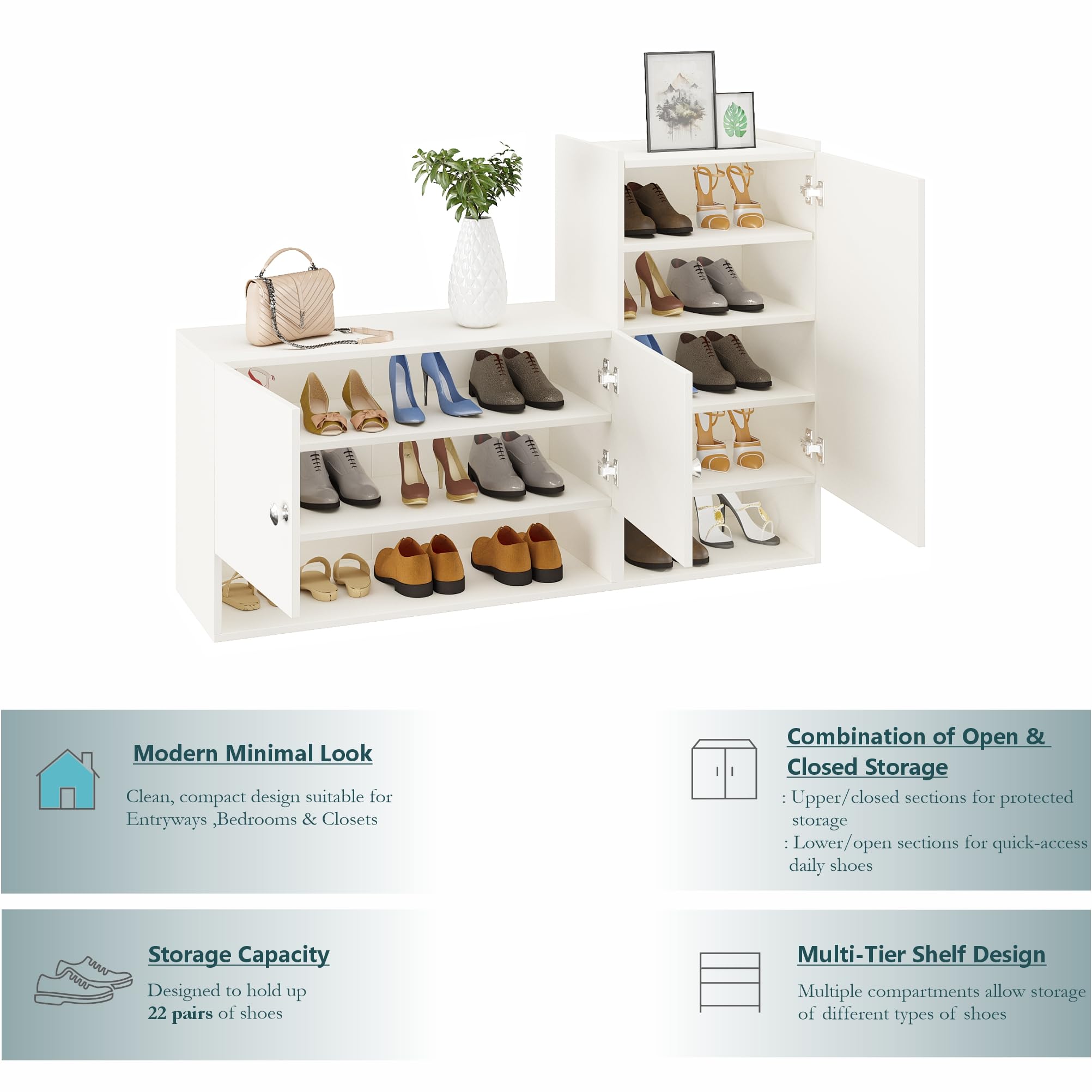 Sinala Engineered Wood Shoe Rack with Doors & Open Shelves (White) - top_view