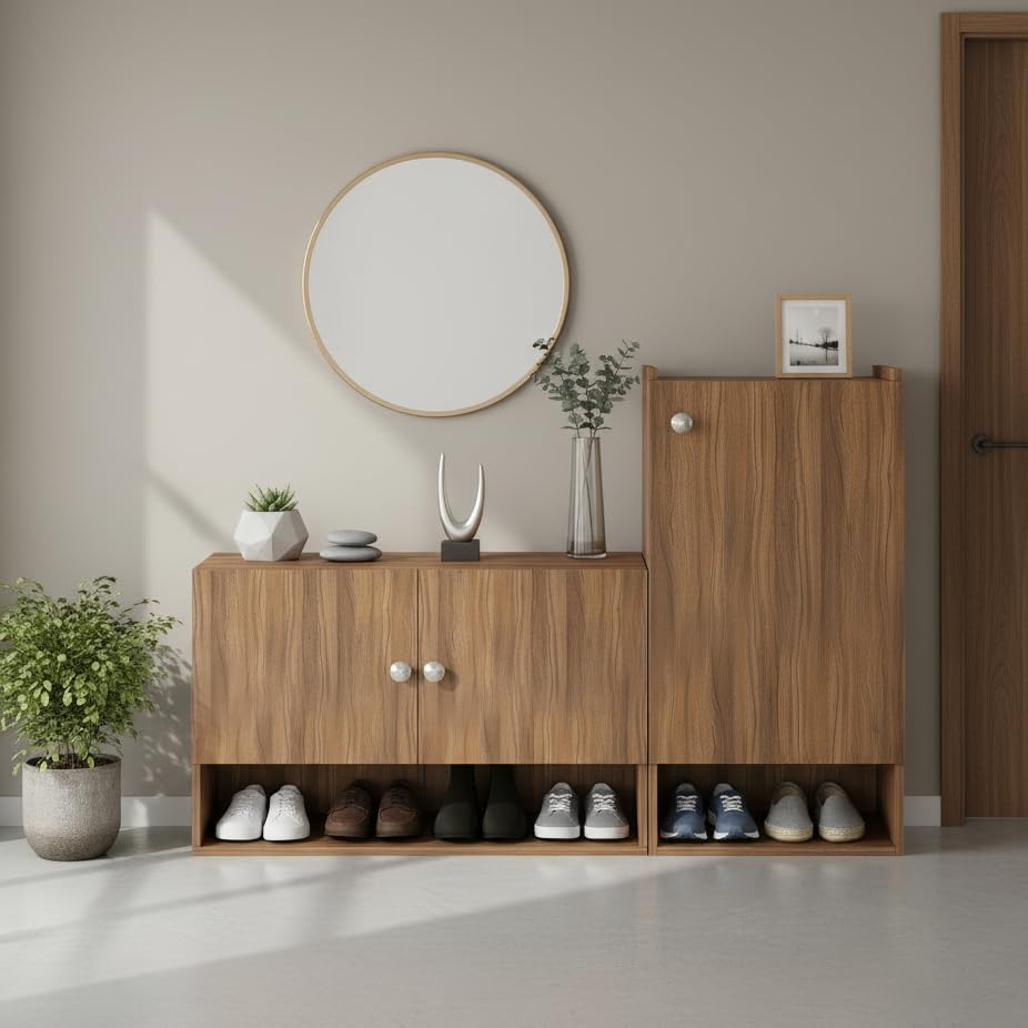 Sinala Engineered Wood Shoe Rack with Doors & Open Shelves (Exotic Teak) - front_view