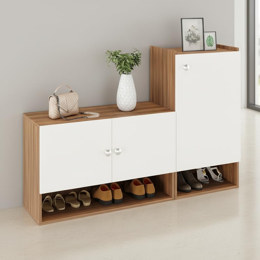Sinala Engineered Wood Shoe Rack with Doors & Open Shelves |(Exotic Teak & White) - front_view