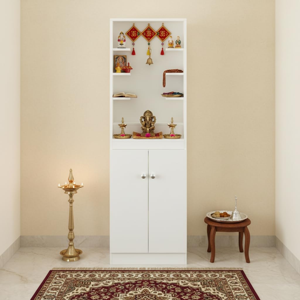 Adya Engineered Wood Pooja Mandir for Home with Storage | White Finish - top_view
