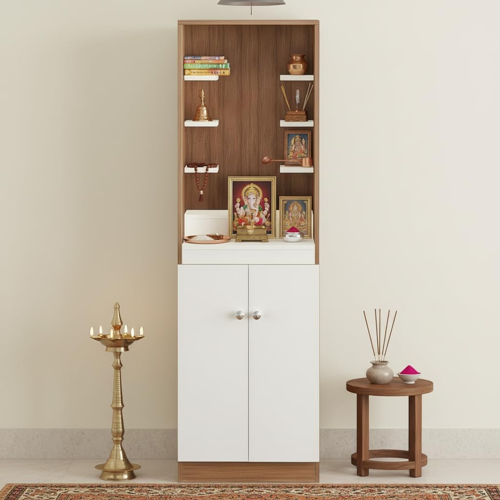 Adya Engineered Wood Pooja Mandir for Home with Shelf & Cabinet | Exotic Teak & White - top_view
