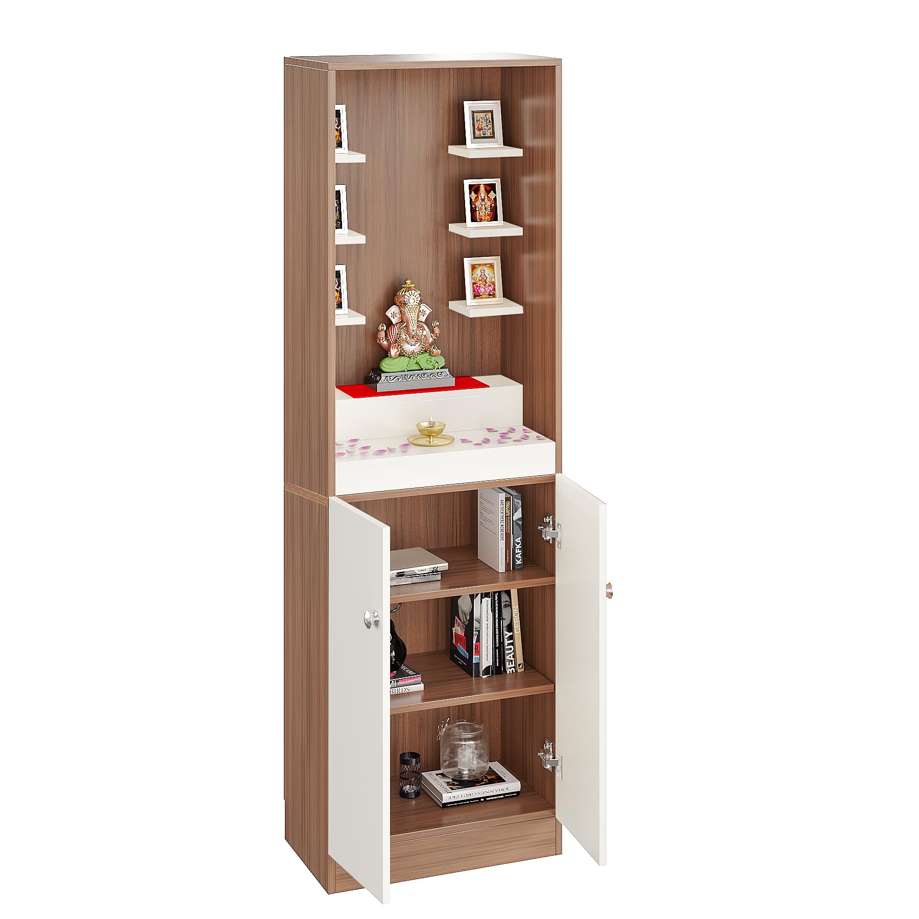 Adya Engineered Wood Pooja Mandir for Home with Shelf & Cabinet | Exotic Teak & White - left_view