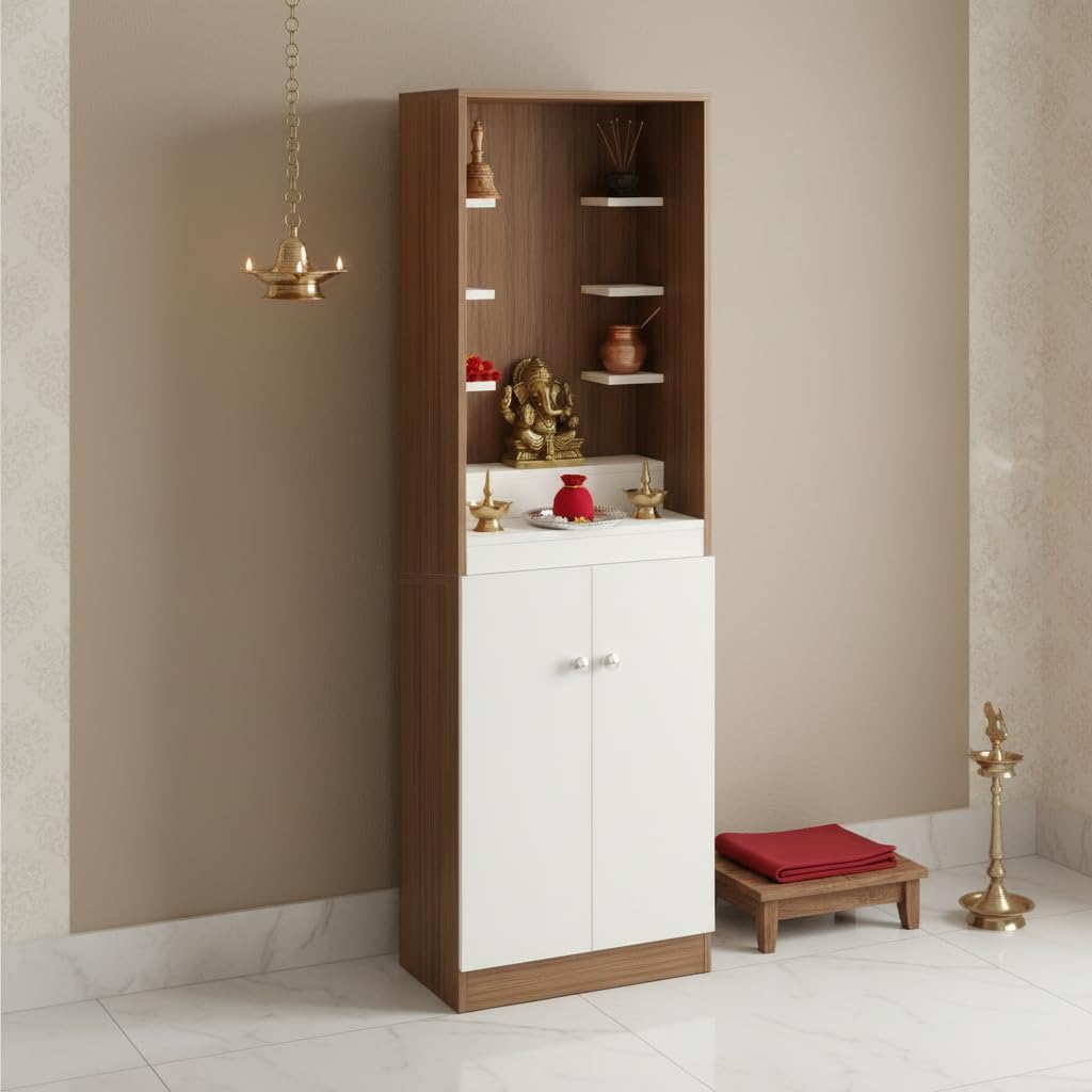 Adya Engineered Wood Pooja Mandir for Home with Shelf & Cabinet | Exotic Teak & White - right_view