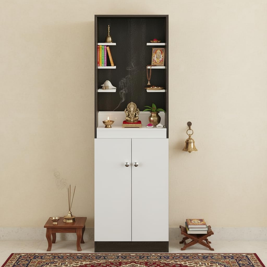 Adya Engineered Wood Pooja Mandir for Home with with Shelf & Cabinet | Wenge White Finish - front_view
