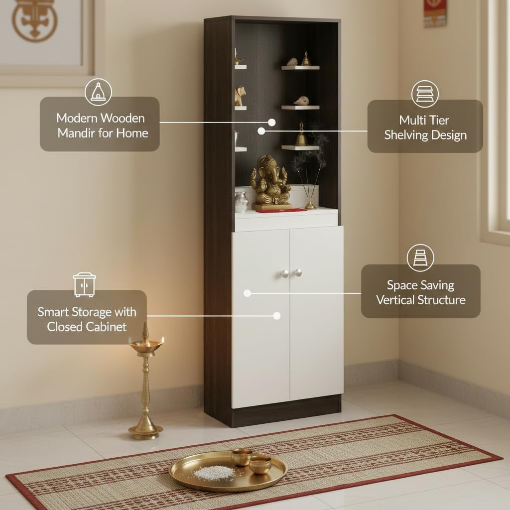 Adya Engineered Wood Pooja Mandir for Home with with Shelf & Cabinet | Wenge White Finish - top_view