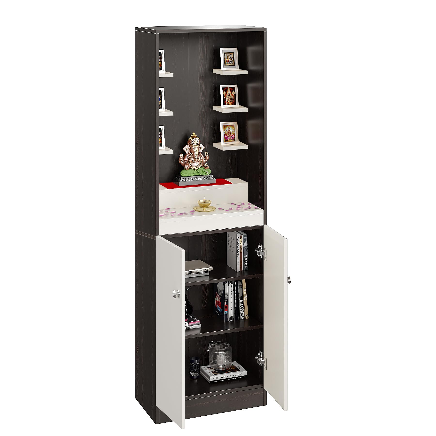 Adya Engineered Wood Pooja Mandir for Home with with Shelf & Cabinet | Wenge White Finish - left_view