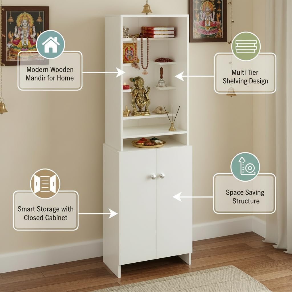 Shrisha Engineered Wood Pooja Mandir for Home with Spacious Storage | Frosty White Finish - front_view