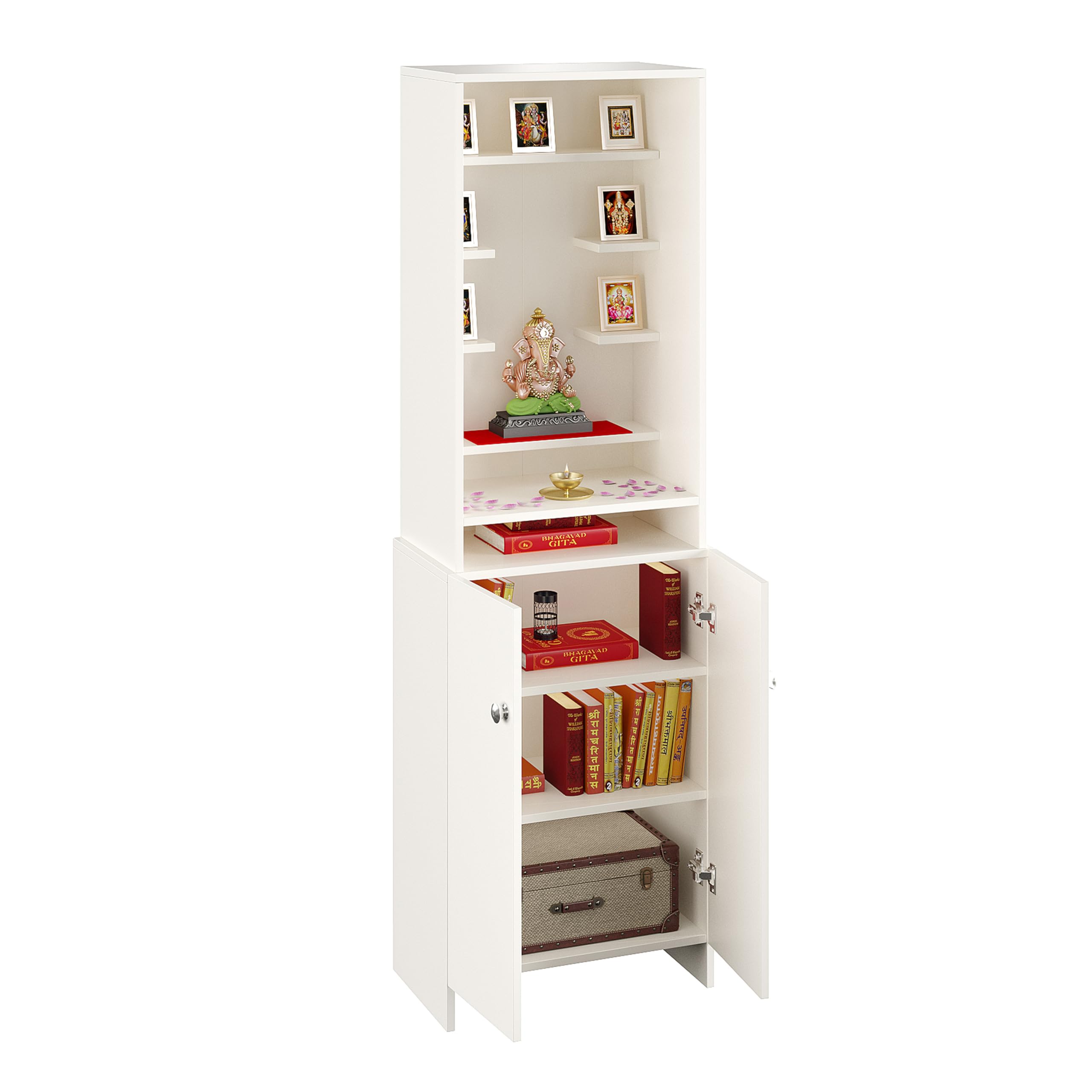 Shrisha Engineered Wood Pooja Mandir for Home with Spacious Storage | Frosty White Finish - top_view