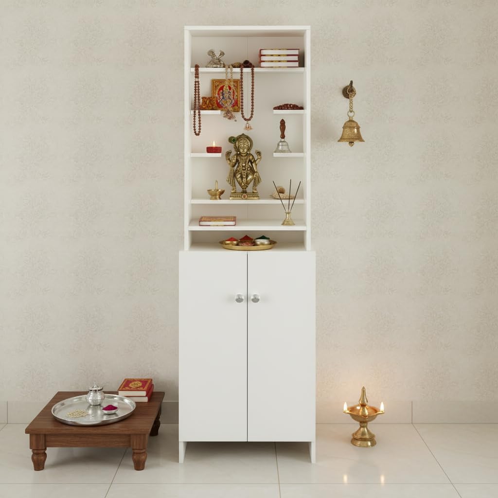 Shrisha Engineered Wood Pooja Mandir for Home with Spacious Storage | Frosty White Finish - left_view