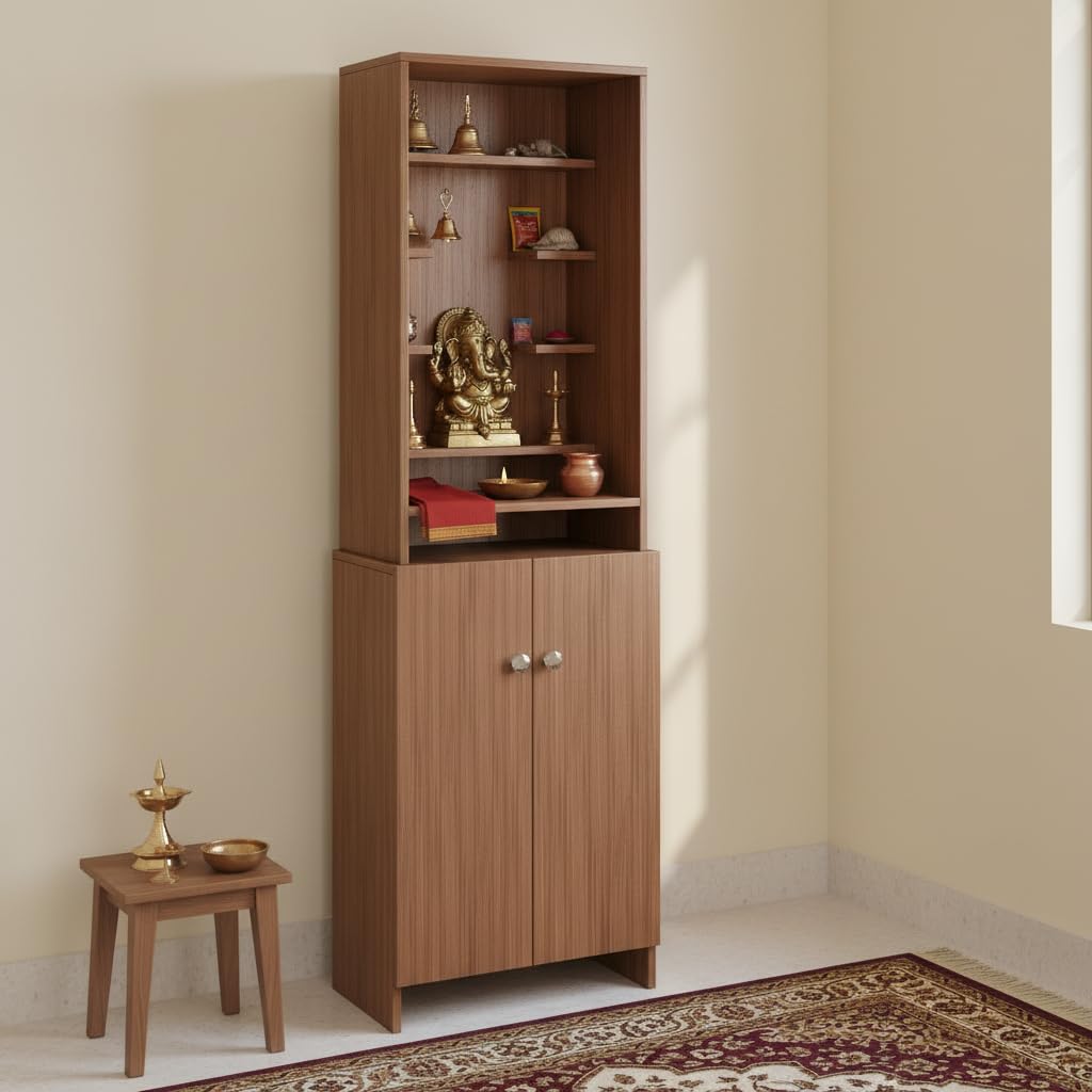 Shrisha Engineered Wood Pooja Mandir for Home | Modern Design Temple for Home & Office | Puja Stand Shelf | Puja Rack, Exotic Teak Finish, 161x50x28 cm - front_view