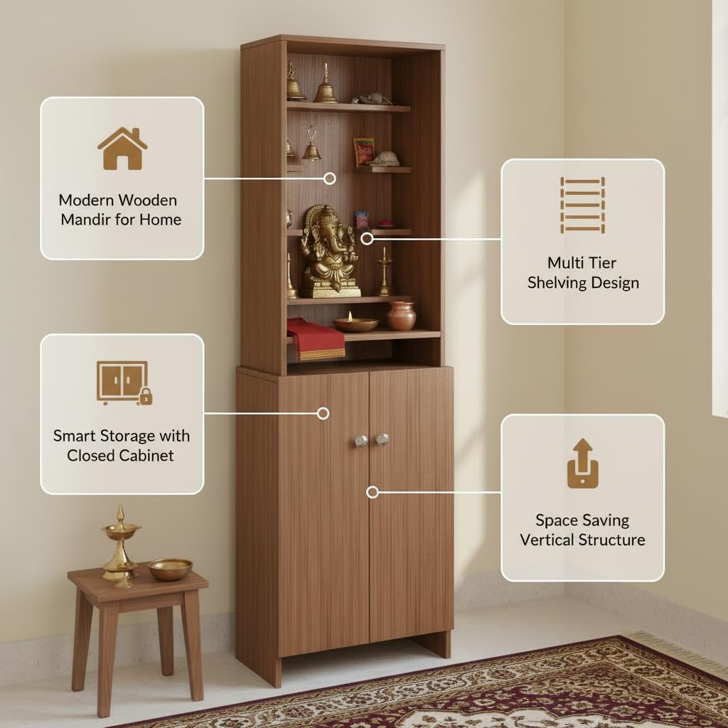 Shrisha Engineered Wood Pooja Mandir for Home | Modern Design Temple for Home & Office | Puja Stand Shelf | Puja Rack, Exotic Teak Finish, 161x50x28 cm - top_view