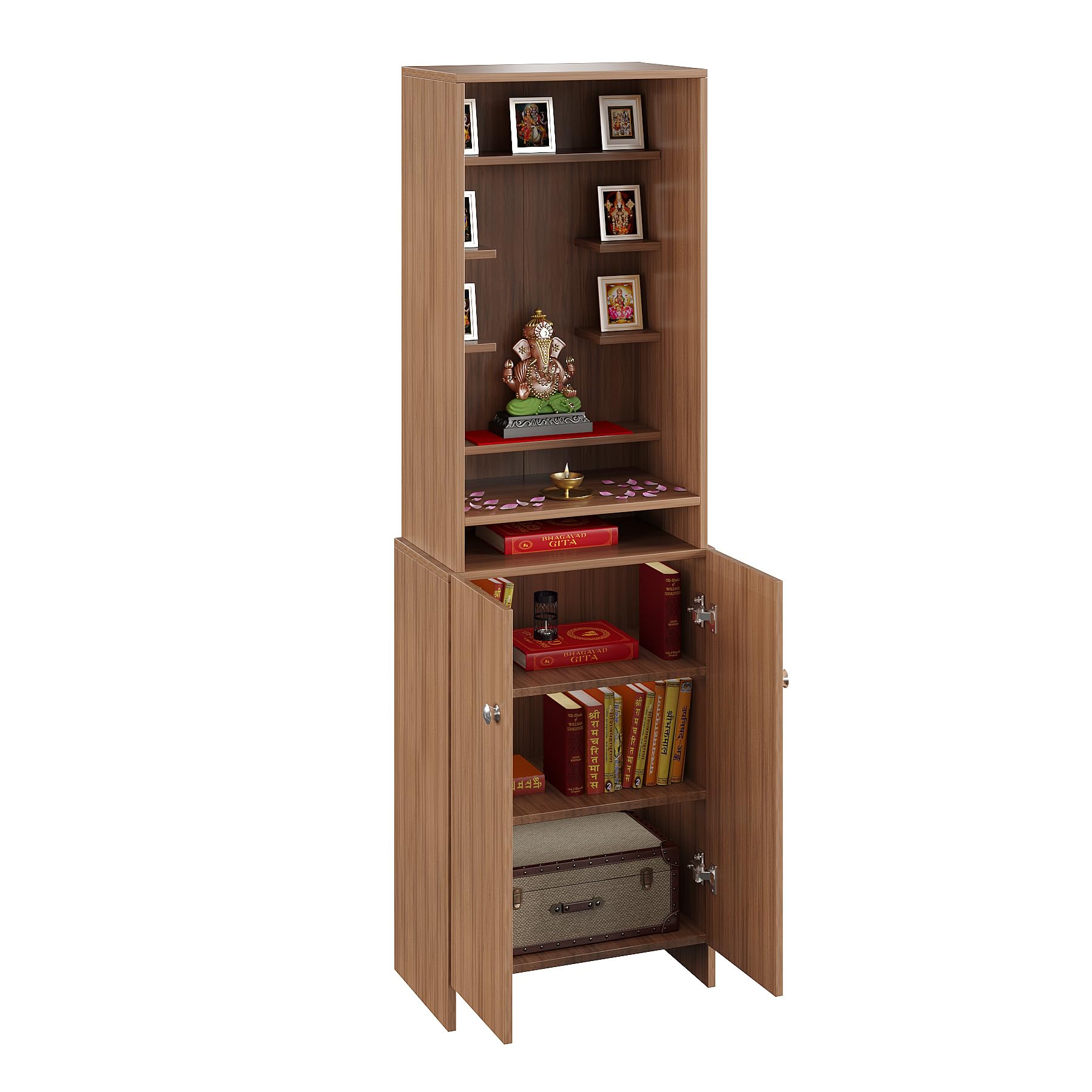 Shrisha Engineered Wood Pooja Mandir for Home | Modern Design Temple for Home & Office | Puja Stand Shelf | Puja Rack, Exotic Teak Finish, 161x50x28 cm - left_view