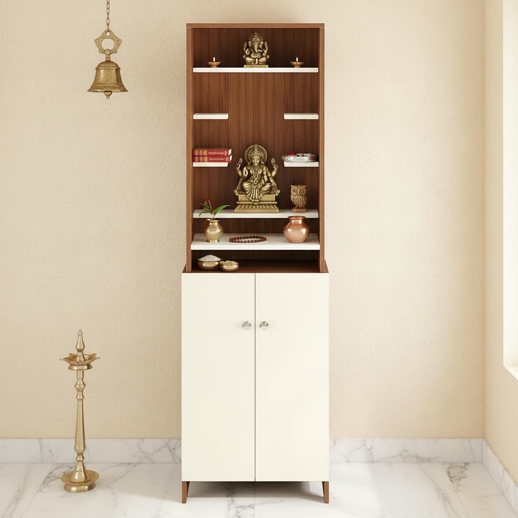Shrisha Wooden Pooja Mandir for Home with Spacious Storage | Exotic Teak & White Finish - front_view