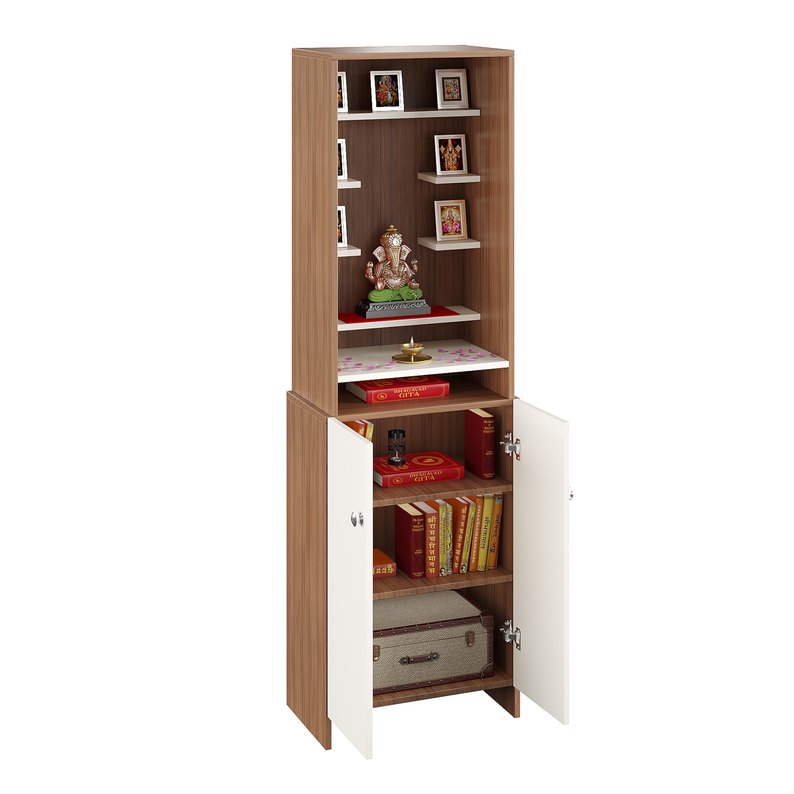 Shrisha Wooden Pooja Mandir for Home with Spacious Storage | Exotic Teak & White Finish - top_view