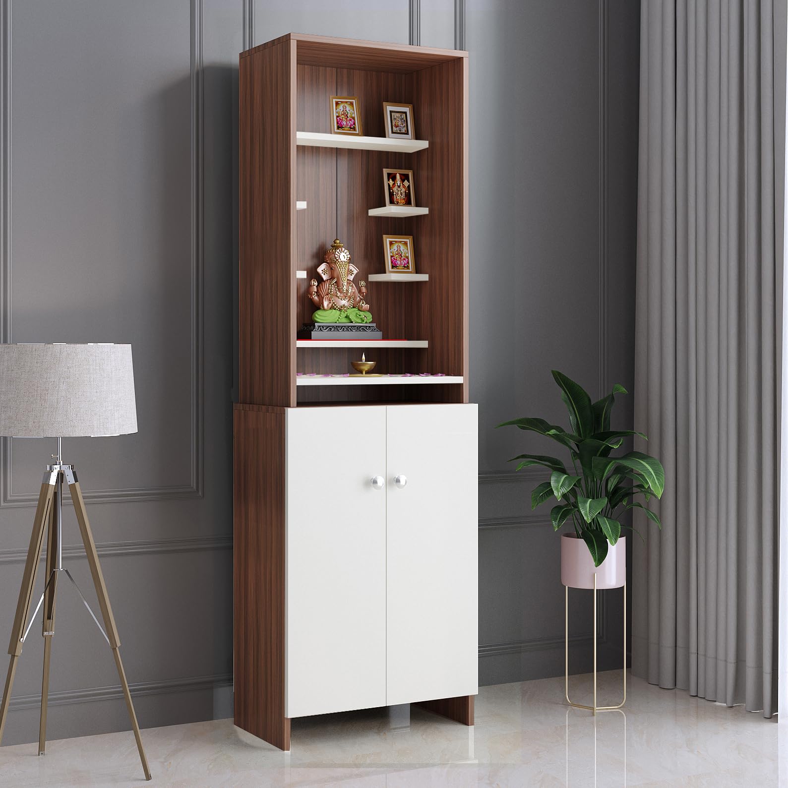 Shrisha Wooden Pooja Mandir for Home with Spacious Storage | Exotic Teak & White Finish - left_view