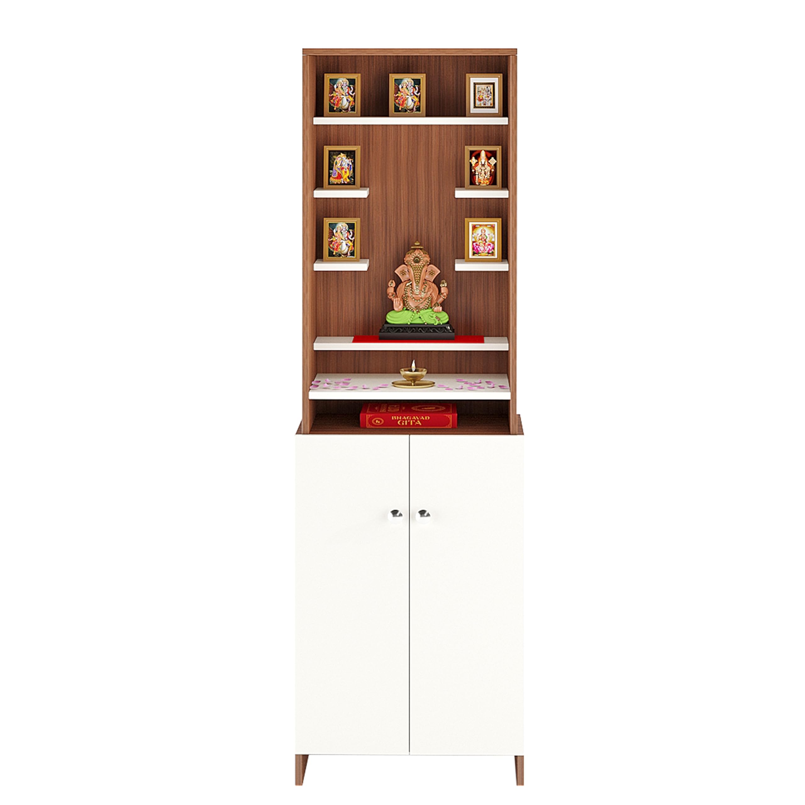Shrisha Wooden Pooja Mandir for Home with Spacious Storage | Exotic Teak & White Finish - right_view