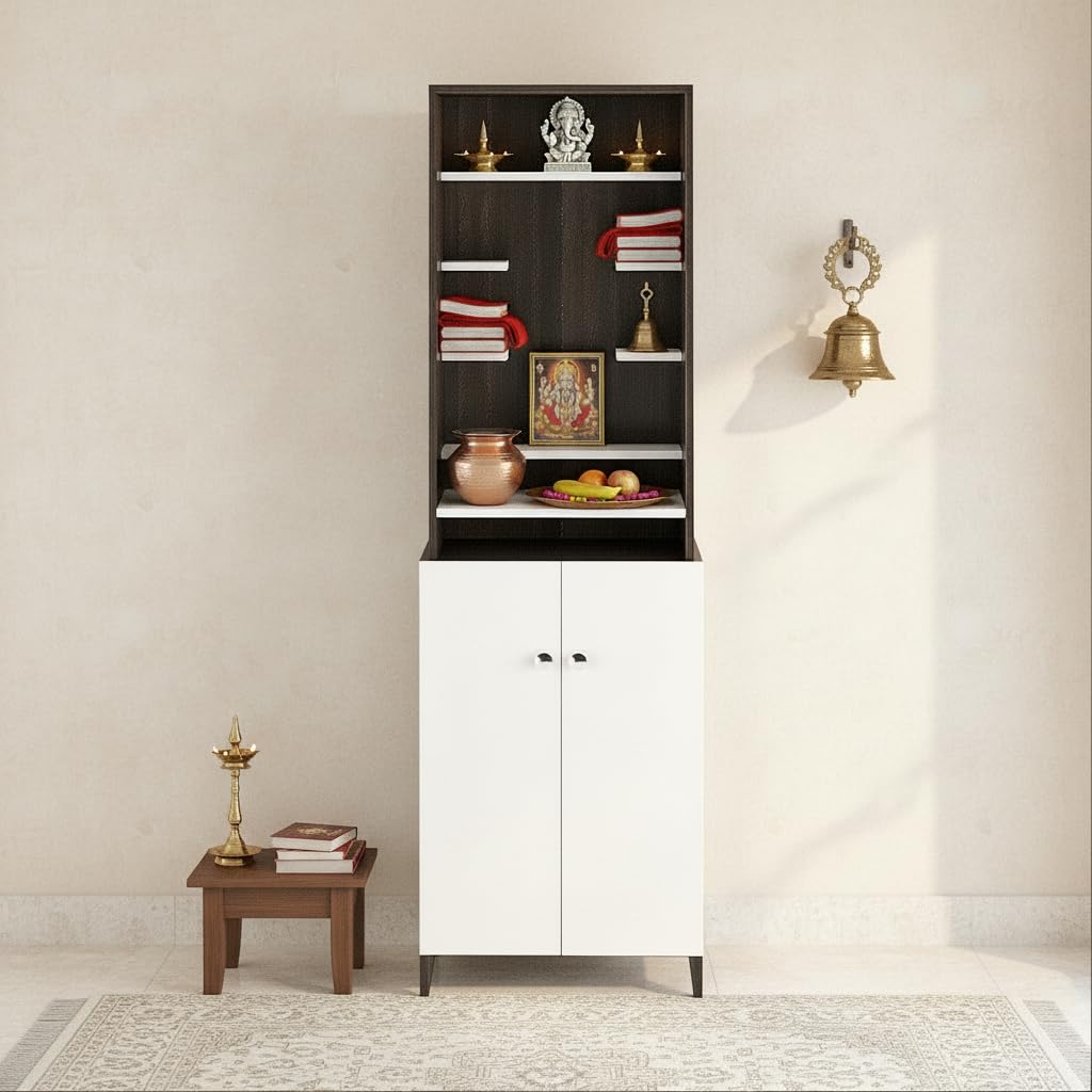 Shrisha Engineered Wood Pooja Mandir for Home with Spacious Storage (Wenge & Frosty White Finish) - front_view