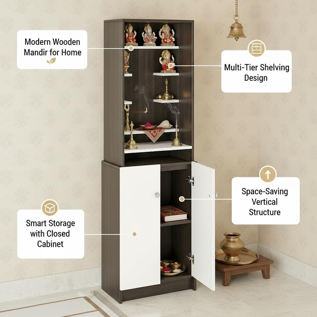 Shrisha Engineered Wood Pooja Mandir for Home with Spacious Storage (Wenge & Frosty White Finish) - top_view