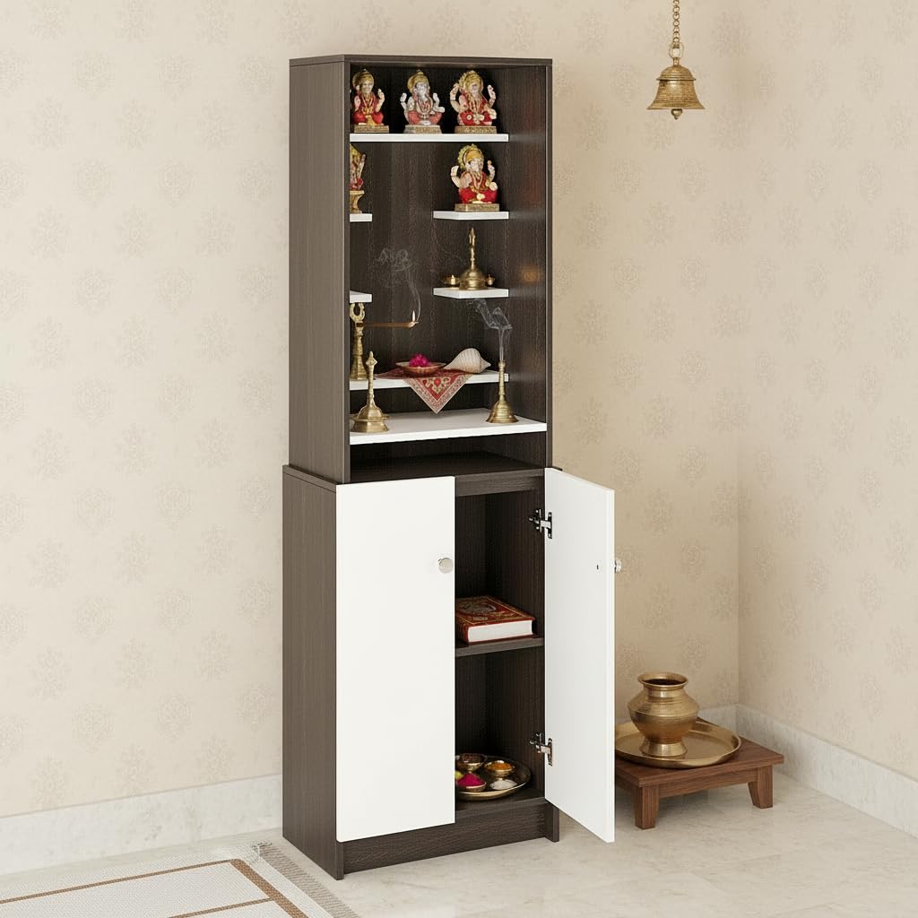 Shrisha Engineered Wood Pooja Mandir for Home with Spacious Storage (Wenge & Frosty White Finish) - left_view