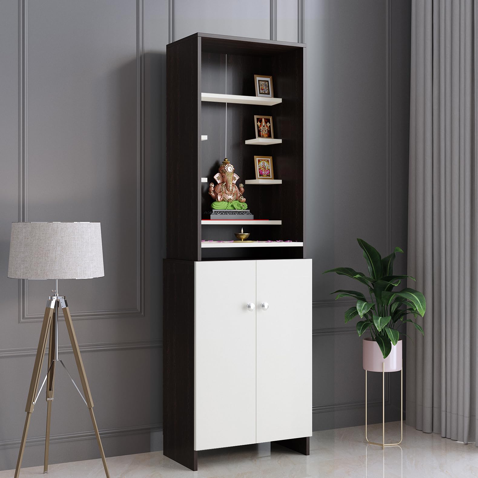Shrisha Engineered Wood Pooja Mandir for Home with Spacious Storage (Wenge & Frosty White Finish) - right_view