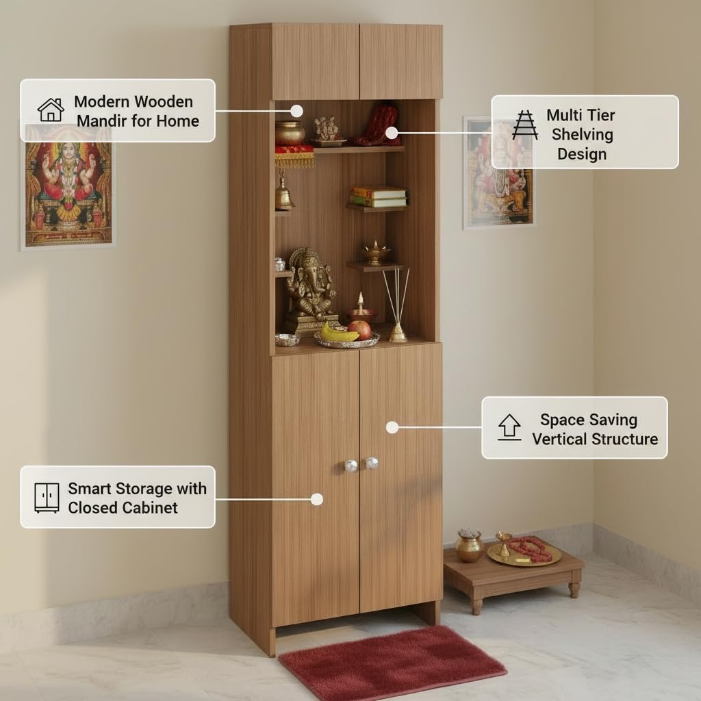 Shivika Engineered Wood Pooja Mandir for Home (Exotic Teak) - front_view