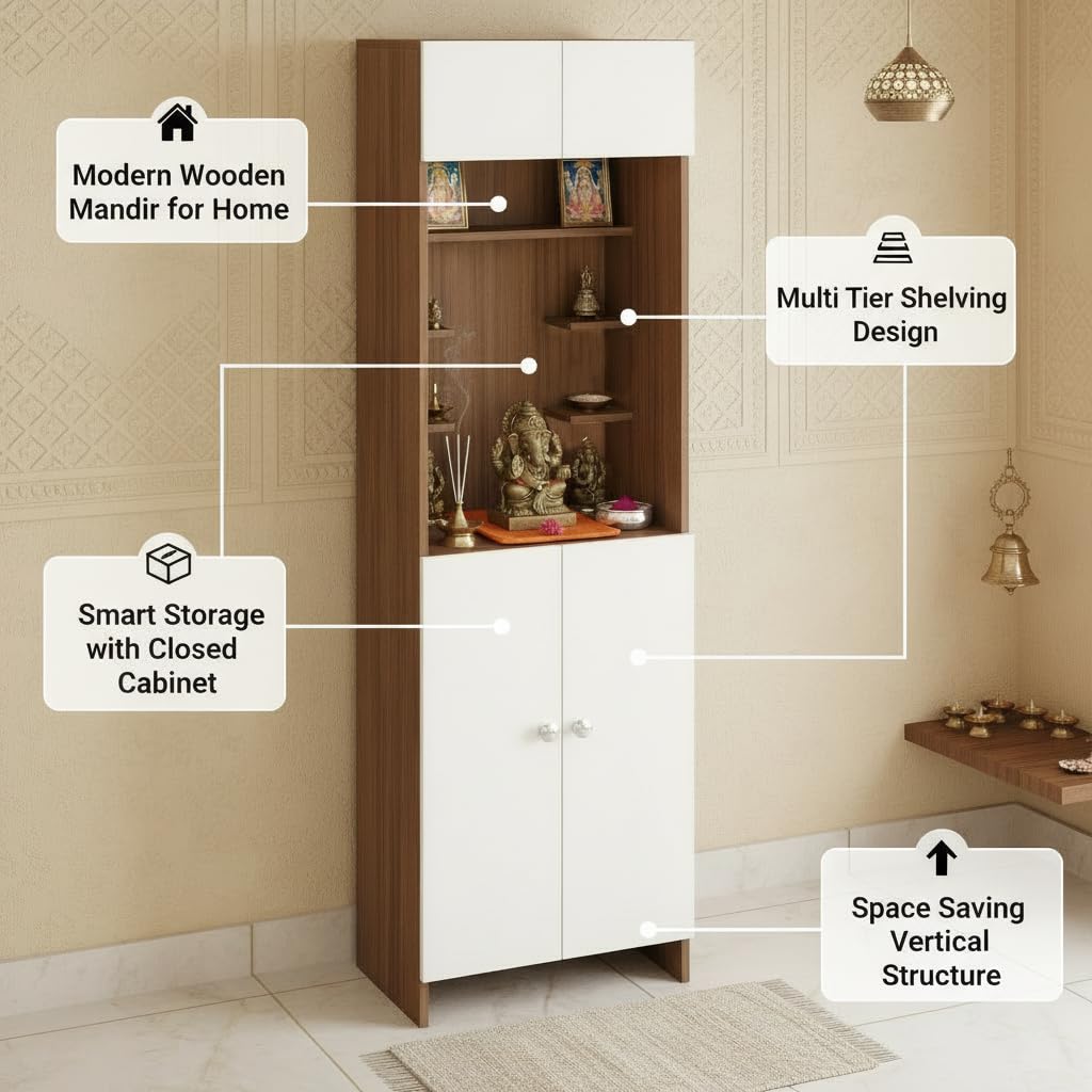 Shivika Engineered Wood Pooja Mandir for Home |(Exotic Teak & White) - top_view