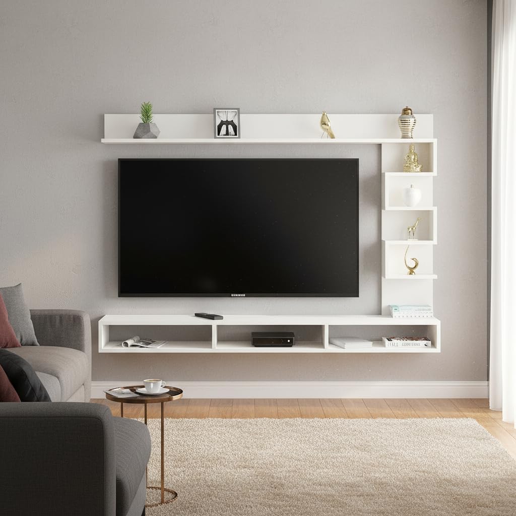 Dettlet Modern Engineered Wood Wall Mounted TV Unit with Open Storage Shelves Racks (White) - front_view