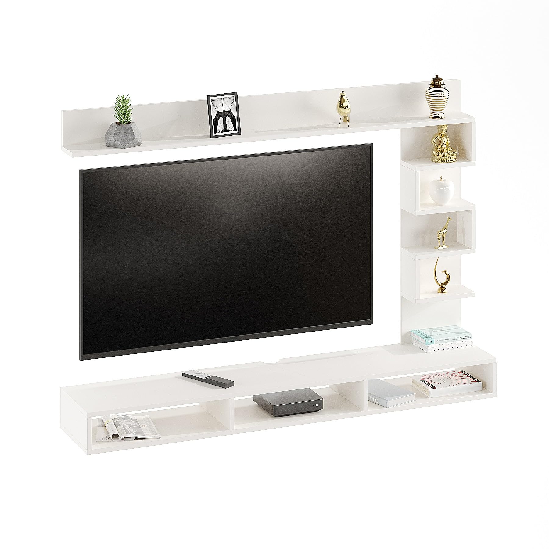 Dettlet Modern Engineered Wood Wall Mounted TV Unit with Open Storage Shelves Racks (White) - top_view