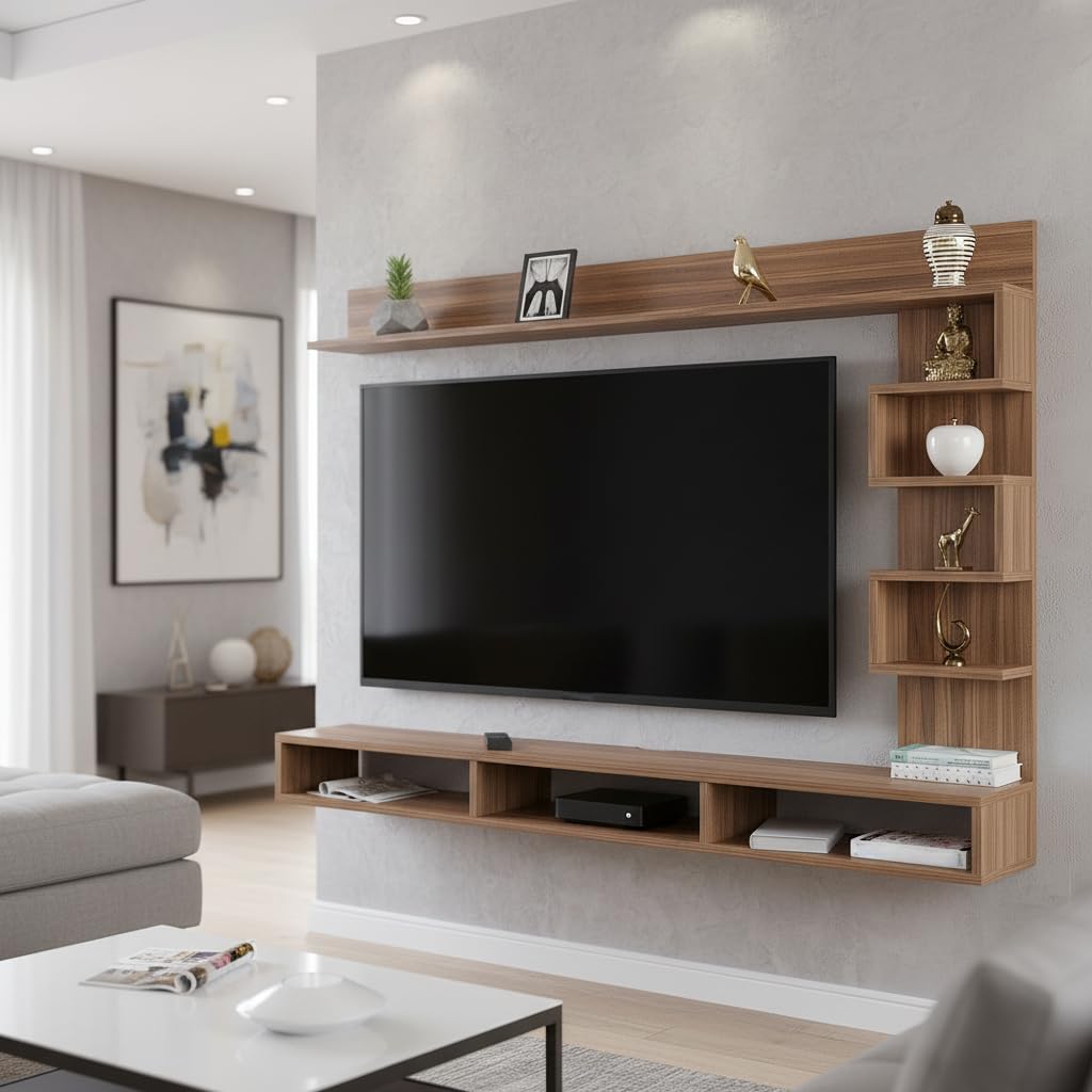 Dettlet Modern Engineered Wood Wall Mounted TV Unit with Open Storage Shelves Racks (Exotic Teak) - front_view