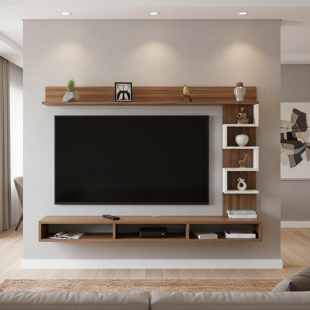 Dettlet Modern Engineered Wood Wall Mounted TV Unit with Open Storage Shelves Racks (Exotic Teak & White) - front_view