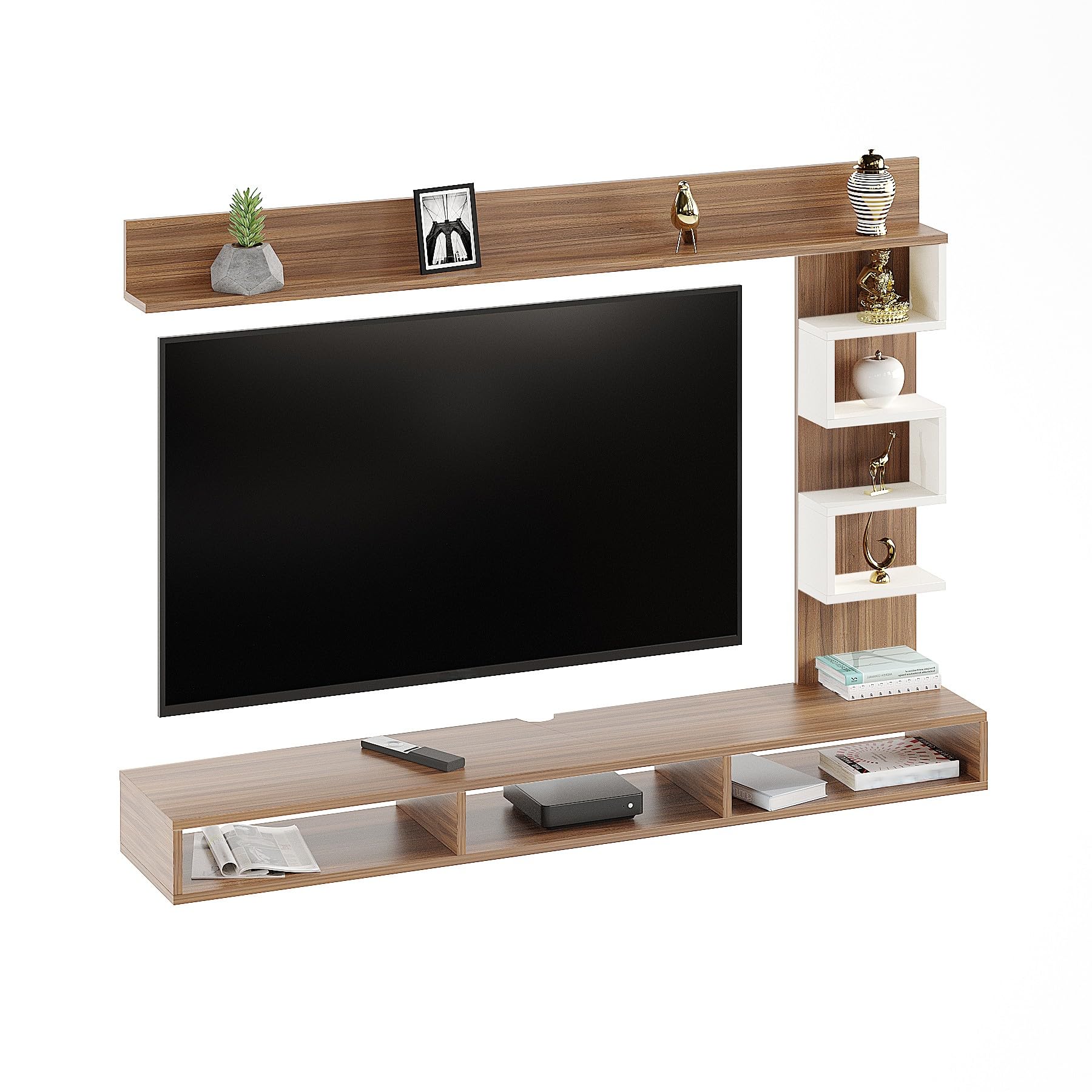 Dettlet Modern Engineered Wood Wall Mounted TV Unit with Open Storage Shelves Racks (Exotic Teak & White) - top_view