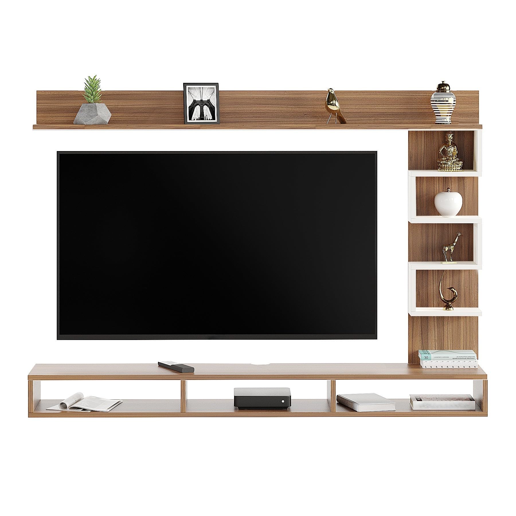 Dettlet Modern Engineered Wood Wall Mounted TV Unit with Open Storage Shelves Racks (Exotic Teak & White) - left_view