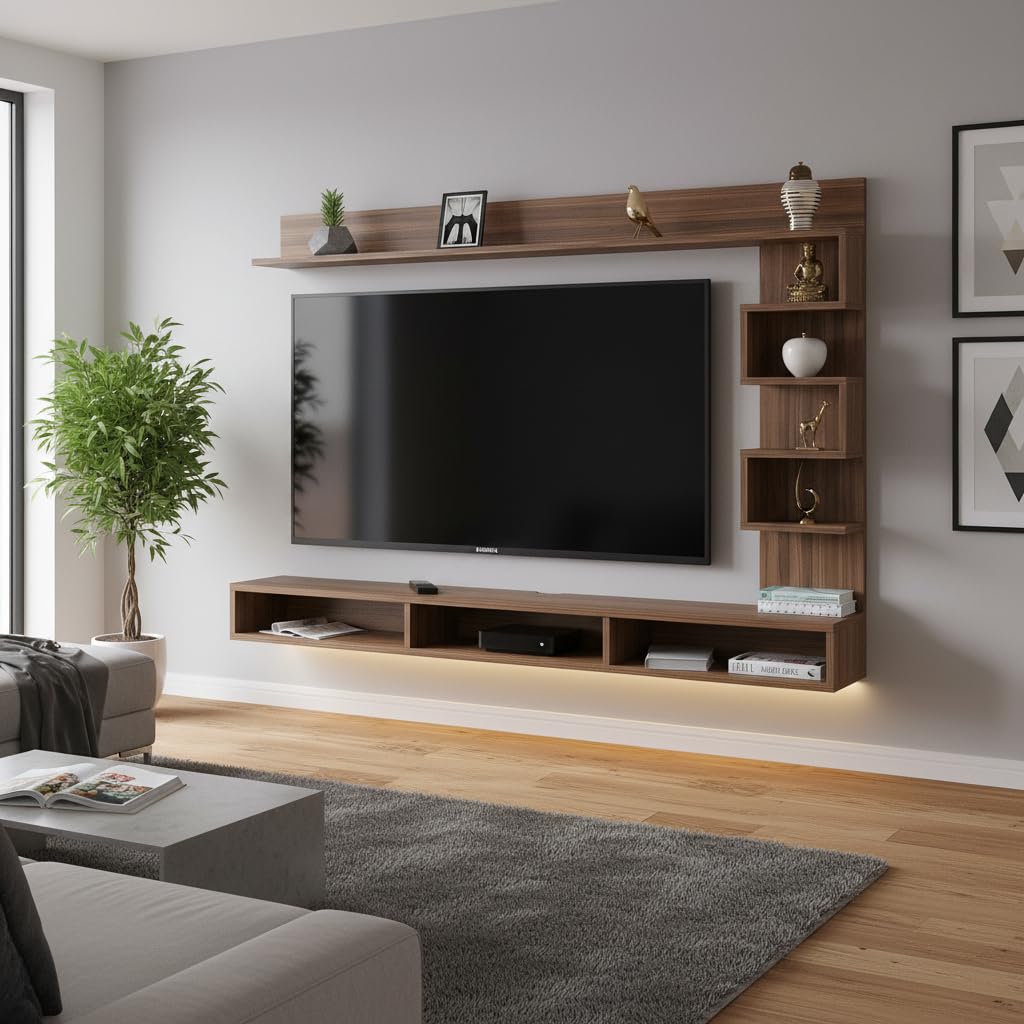 Dettlet Engineered Wood Wall-Mount TV Unit with Display Shelves (Exotic Teak) - right_view