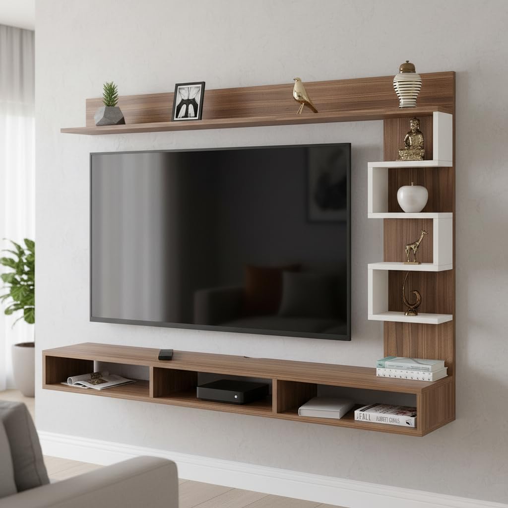 Dettlet Engineered Wood Wall-Mount TV Unit with Display Shelves (Exotic Teak & White) - front_view