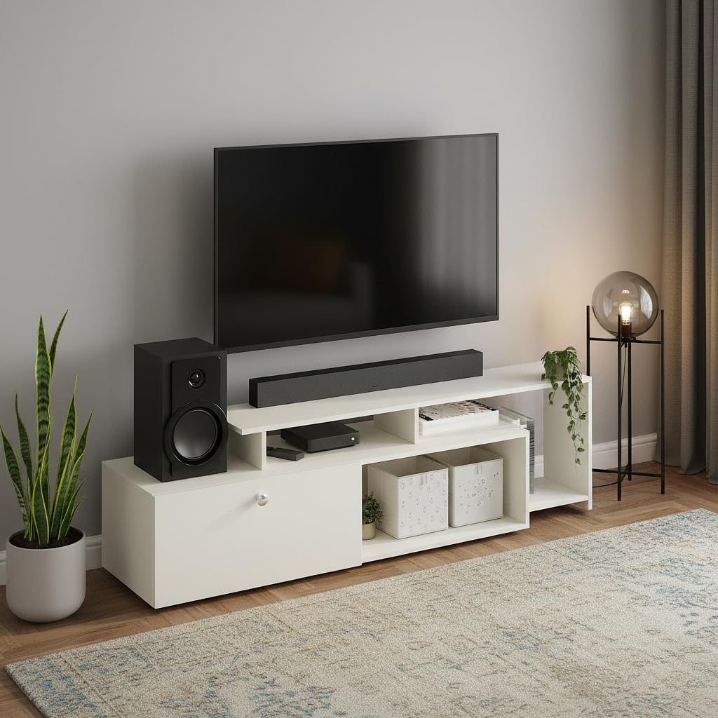 Dexon Modern Engineered Wood Floor TV Cabinet with Storage & Open Shelves (White) - front_view