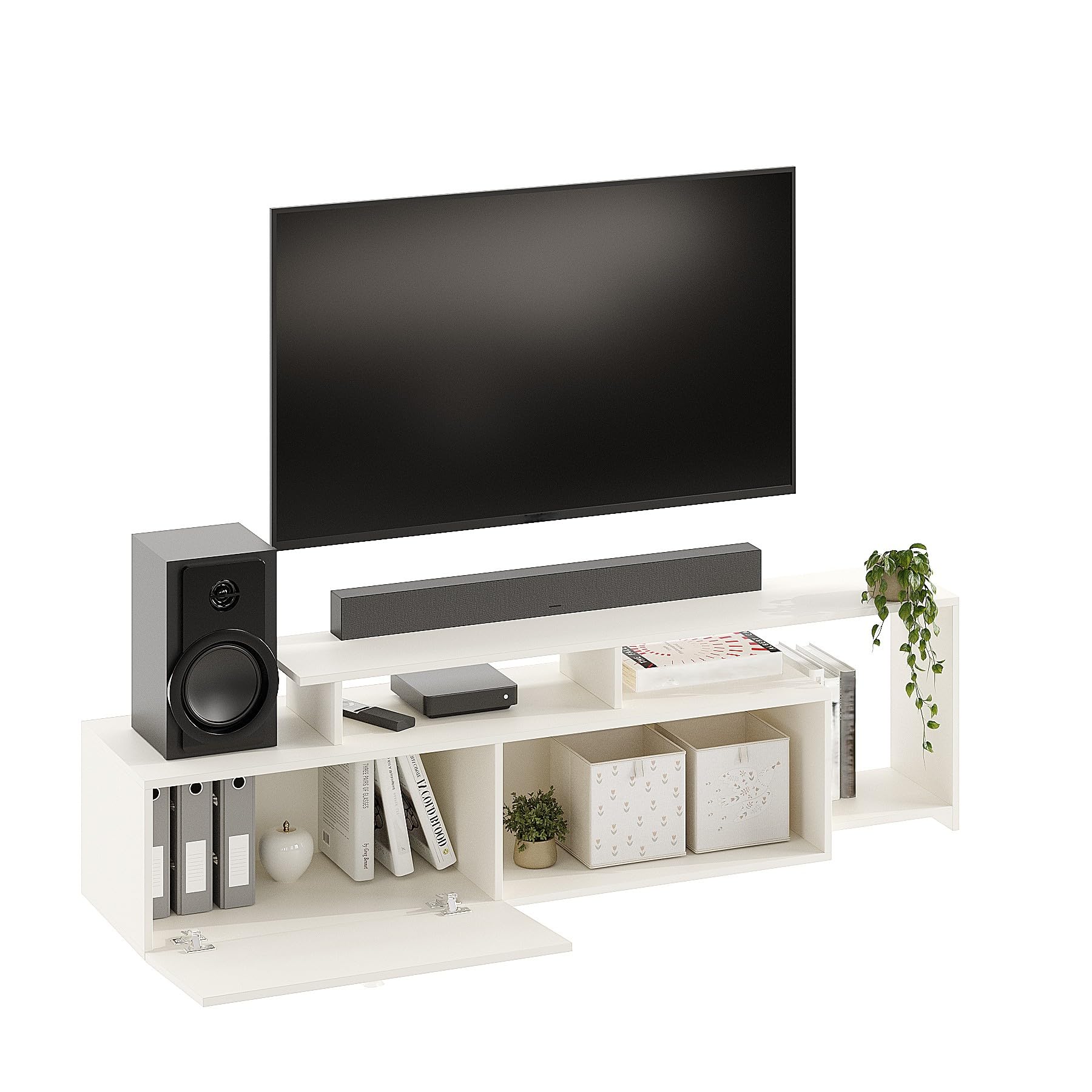 Dexon Modern Engineered Wood Floor TV Cabinet with Storage & Open Shelves (White) - top_view