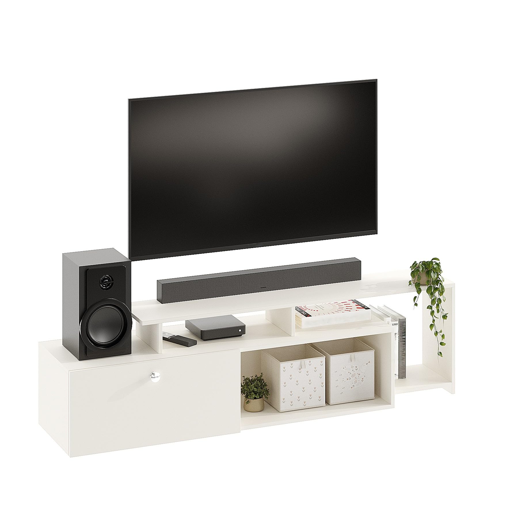 Dexon Modern Engineered Wood Floor TV Cabinet with Storage & Open Shelves (White) - left_view