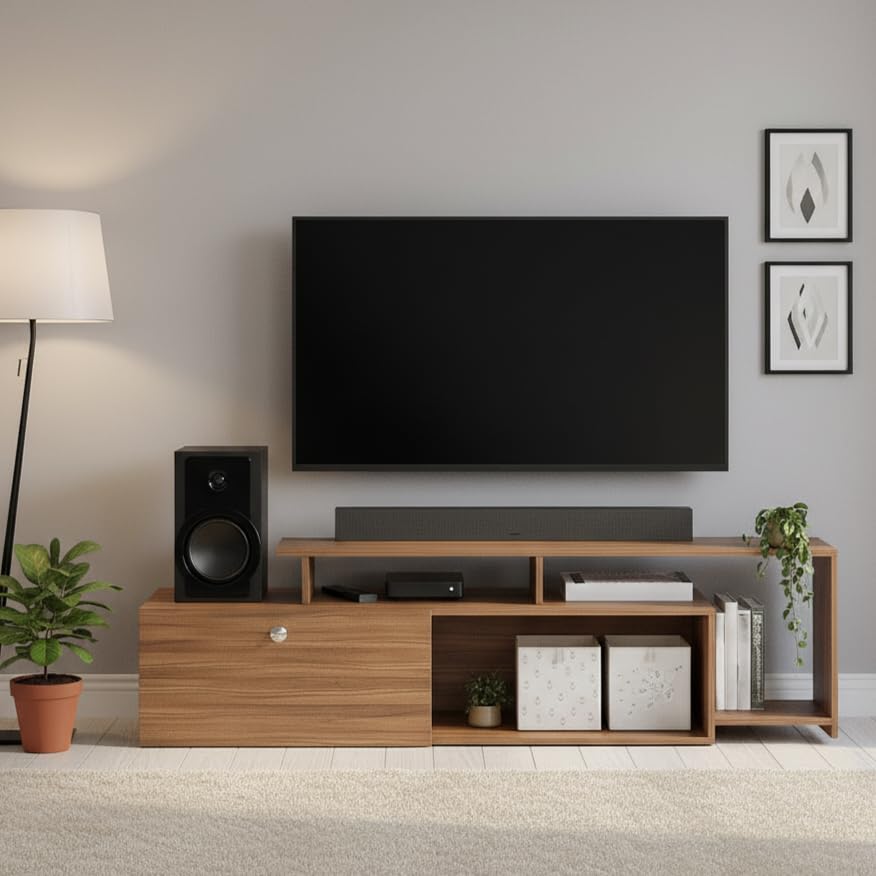 Dexon Modern Engineered Wood Floor TV Cabinet with Storage & Open Shelves (Exotic Teak) - front_view