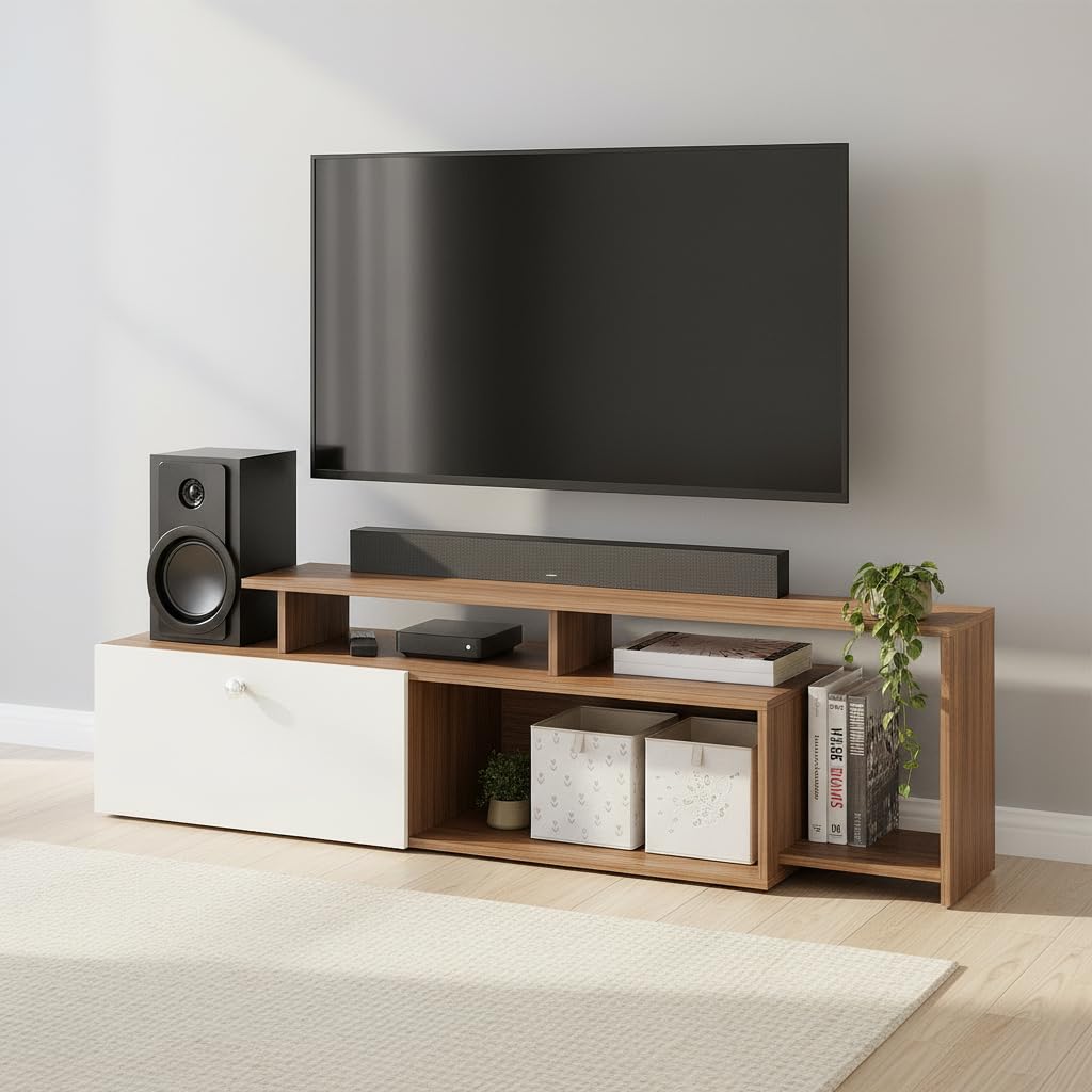 Dexon Modern Engineered Wood Floor TV Cabinet with Storage & Open Shelves (Exotic Teak & White) - front_view