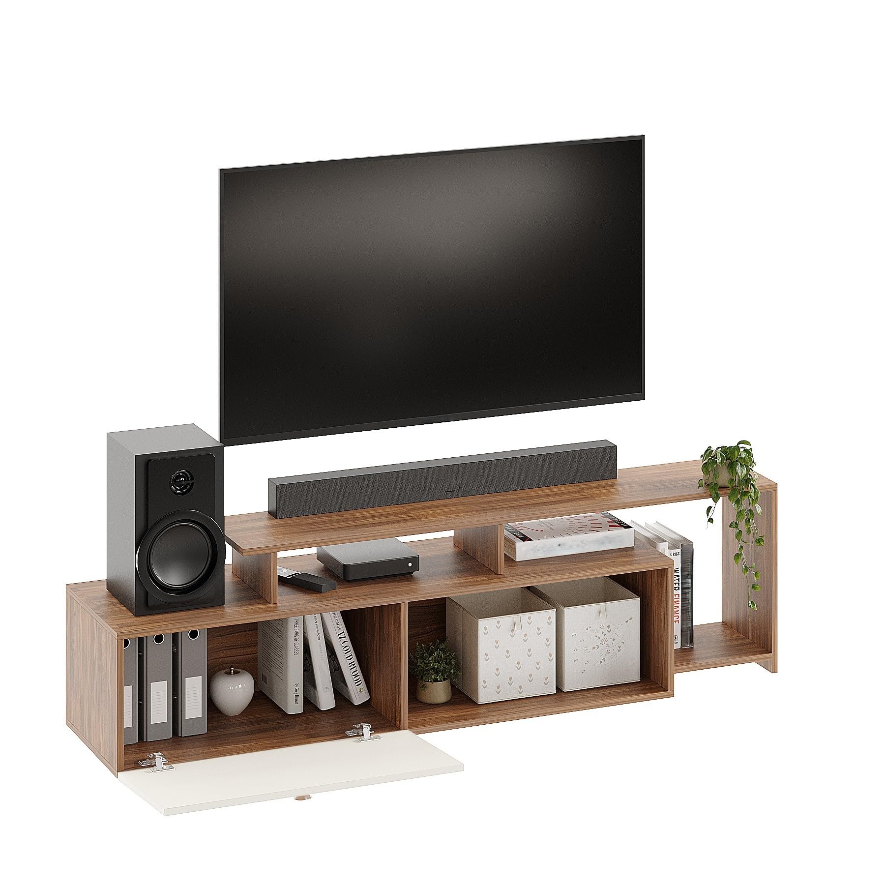 Dexon Modern Engineered Wood Floor TV Cabinet with Storage & Open Shelves (Exotic Teak & White) - top_view