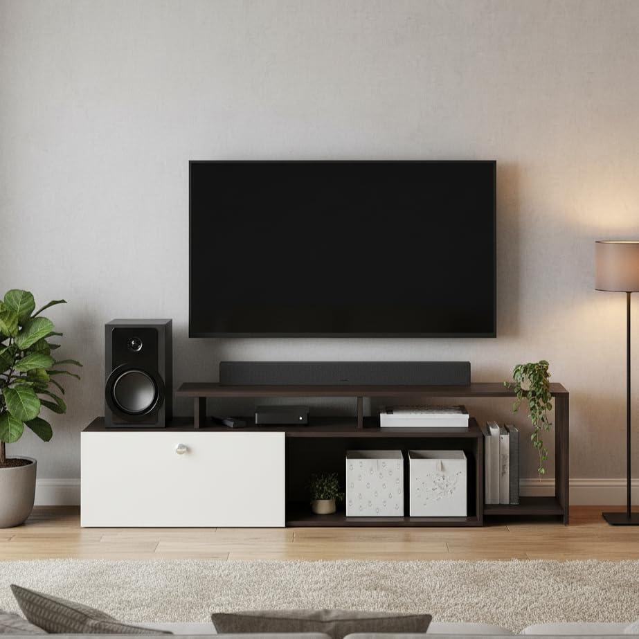 Dexon Modern Engineered Wood Floor TV Cabinet with Open Shelves (Wenge & White) - front_view