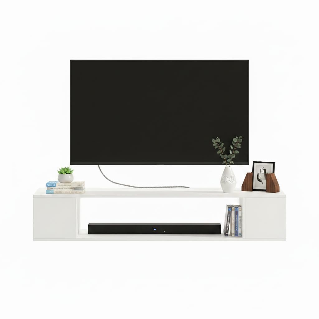 Ether Modern Wall Mounted TV Unit with Floating Shelf (White) - top_view
